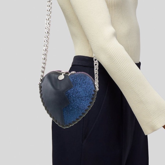 Stella McCartney Jazz Heart Black & Blue Glittery Crossbody Bag Whipstitching - Picture 2 of 12